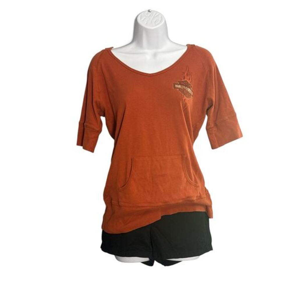 Harley Davidson Orange V Neck Short‎ Sleeve Hoodie Size M